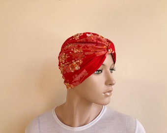 Red flower turban, full hat, stretchy viscose jersey turban, chemo hat, boho jewish Headband, Vintage hat dress, sinar