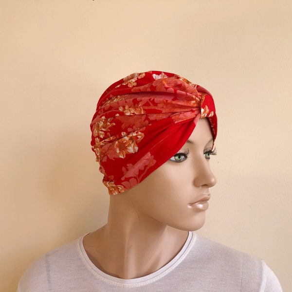 Red flower turban, full hat, stretchy viscose jersey turban, chemo hat, boho jewish Headband, Vintage hat dress, sinar