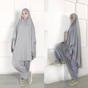 Franch khimar suit, Muslim sport suit, Harem pants, Islamic dress, Long hijab, Stylish Sport Hijab, Gray Niqab, Boho Pants, Afghani pants