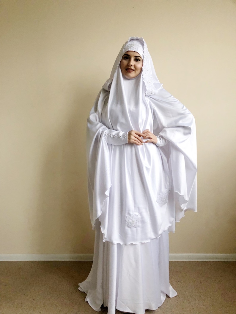 White Muslim wedding suit bridal Silk jilbab White khimar  