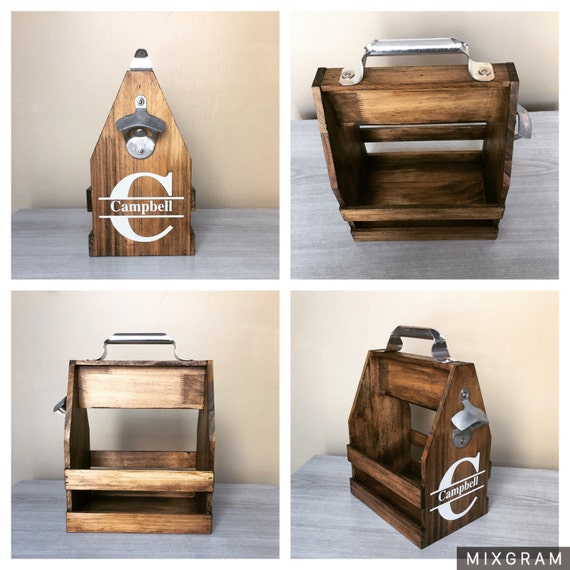 Wood Beer Caddy Bottle Opener Six Pack Holder Image 0
