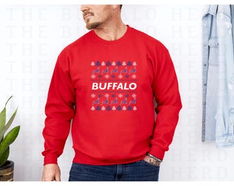 Red Buffalo Christmas Ugly Sweater Shirt, Buffalo Football Shirt, Women’s Buffalo Sweatshirt, Mens Let’s Go Buffalo NY Gift, Buffalo Fan