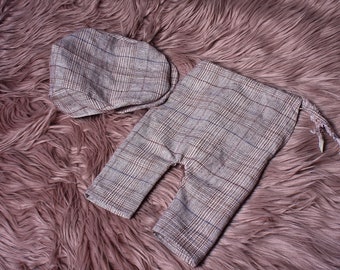 Newborn Flat Cap sets,Beige Check flat cap with pants,Newborn photography prop,Vintage style baby boy clothing prop.Handmade in UK by me