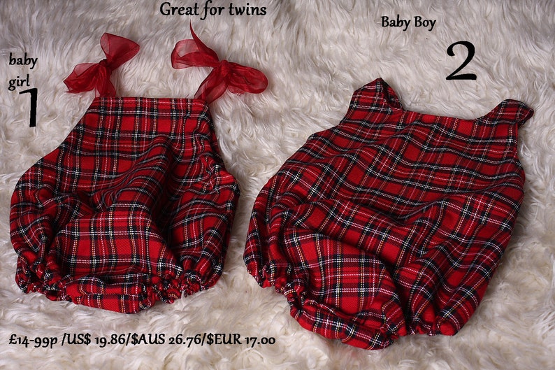 Red,Tartan Twin baby girl /& boy sleeveless rompers,Great for cake smash,Xmas,Newborn shoots,Small check,Short Legs,Sleeveless,Handmade in UK