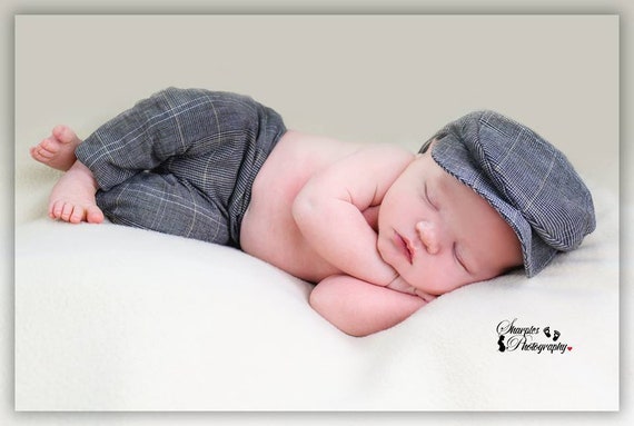 Newborn Flat Cap sets,Beige Check flat cap with pants,Newborn photography prop,Vintage style baby boy clothing prop.Handmade in UK by me