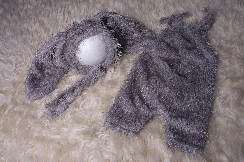 Newborn,Unisex Boy,Baby Girl silver grey bunny romper and bonnet set In lovely stretchy soft fur fabric,Easter bunny photo shoot romper