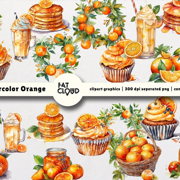 Watercolor Orange Clipart - Digital PNG Orange jar, Orange pancake, Orange cupcake, Orange milkshare, Orange basket, Orange round wreath