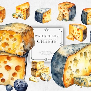 24 Cheese Clipart Set in Transparent PNG - Cheese Watercolor Digital Image Downloads for Card Making, Scrapbook, Junk Journal, Paper