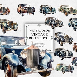 19 Rolls Royce Clipart Set in Transparent PNG - Vintage Rolls Royce Watercolor Digital Image for Card Making, Scrapbook, Junk Journal