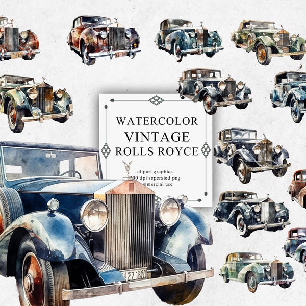 19 Rolls Royce Clipart Set in Transparent PNG - Vintage Rolls Royce Watercolor Digital Image for Card Making, Scrapbook, Junk Journal