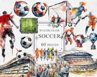 60 Soccer Clipart Watercolor Bundle Png Graphics Images Pack - Digital Soccer Transparent PNG