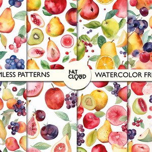 May include: A set of ten seamless watercolor patterns featuring various fruits, including apples, pears, plums, oranges, kiwi, and berries. The patterns are perfect for creating digital or printed designs.