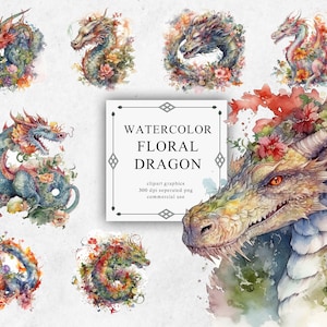 10 Watercolor Floral Dragon Clipart - Digital PNG Floral Dragon. Floral Dragon PNG Transparent 2023 New Collection