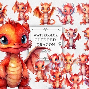 18 かわいい赤いドラゴンのクリップアート セット (透明な PNG) - カード作成、スクラップブック用のかわいい赤いドラゴンの水彩デジタル画像のダウンロード