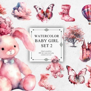 20 Baby Girl Clipart Set #2 en PNG transparente - Descargas de imágenes digitales de acuarela de niña para hacer tarjetas, álbumes de recortes, diario basura