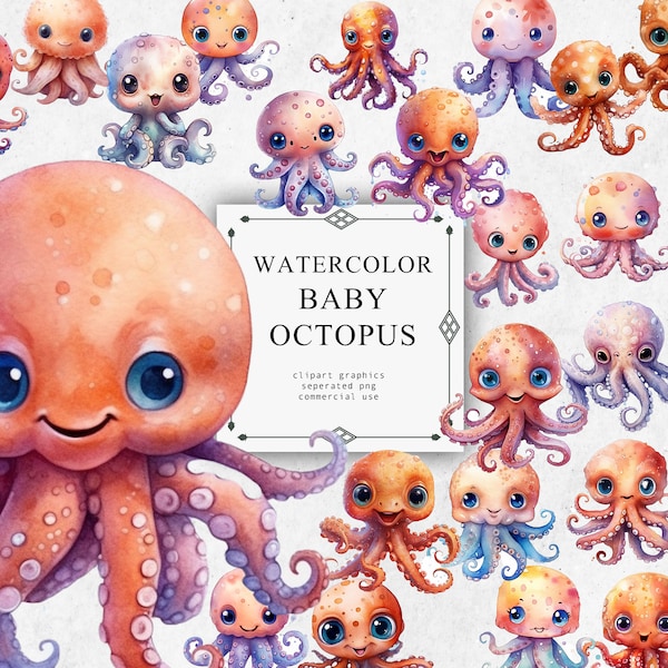 Cute Baby Octopus Clipart Set in Transparent PNG - Cute Baby Octopus Watercolor Digital Image Downloads for Card Making, Scrapbook