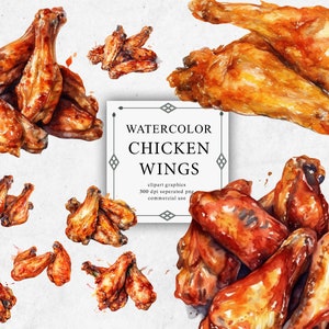 20 imágenes prediseñadas de alitas de pollo en PNG transparente - Descargas de imágenes digitales de acuarela de alitas de pollo para hacer tarjetas, álbumes de recortes, diario basura