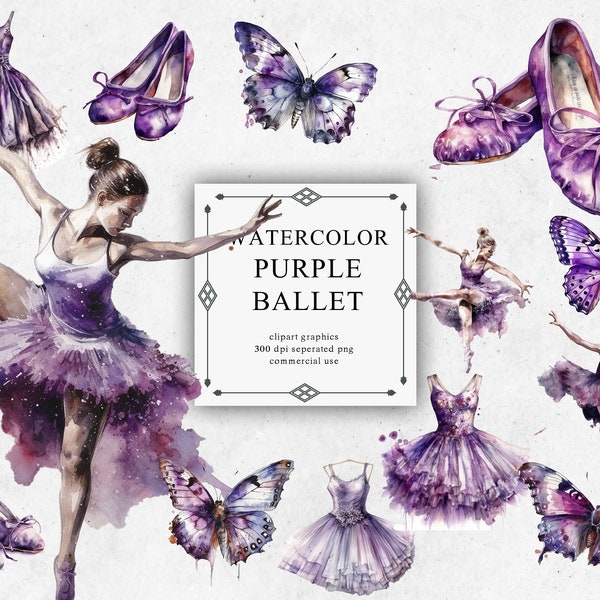 13 Purple Ballerina Clipart Set in Transparent PNG - Purple Ballerina Watercolor Digital Image Downloads for Card Making, Scrapbook