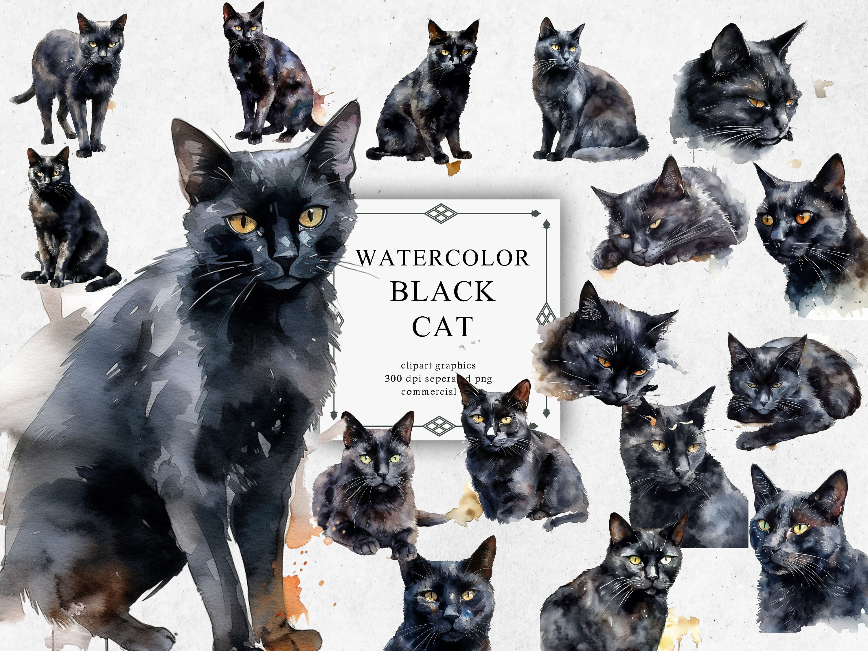 32 Black Cat Clipart Watercolor Bundle Png Graphics Images Pack ...