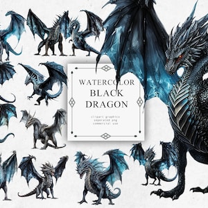 Black Dragon Clipart Set in Transparent PNG - Black Dragon Watercolor Digital Image Downloads for Card Making, Scrapbook