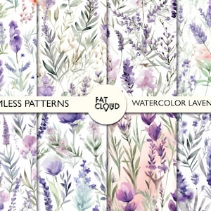 May include: A set of 10 watercolor seamless patterns featuring lavender flowers in shades of purple, pink, and green. The patterns are perfect for creating digital or printed designs.