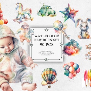 94 Pieces Baby Newborn Clipart Set in Transparent PNG -Watercolor MEGA SET - Baby Newborn Items