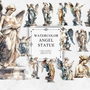 Angel Statue Clipart Set in Transparent PNG - Angel Statue Watercolor Digital Image Downloads for Card Making, Scrapbook