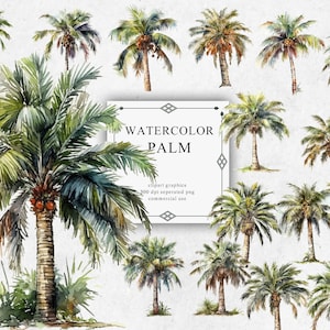 20 Palm Tree Clipart Set in Transparent PNG - Palm Tree Watercolor Digital Image Downloads for Card Making, Scrapbook, Junk Journal, Paper