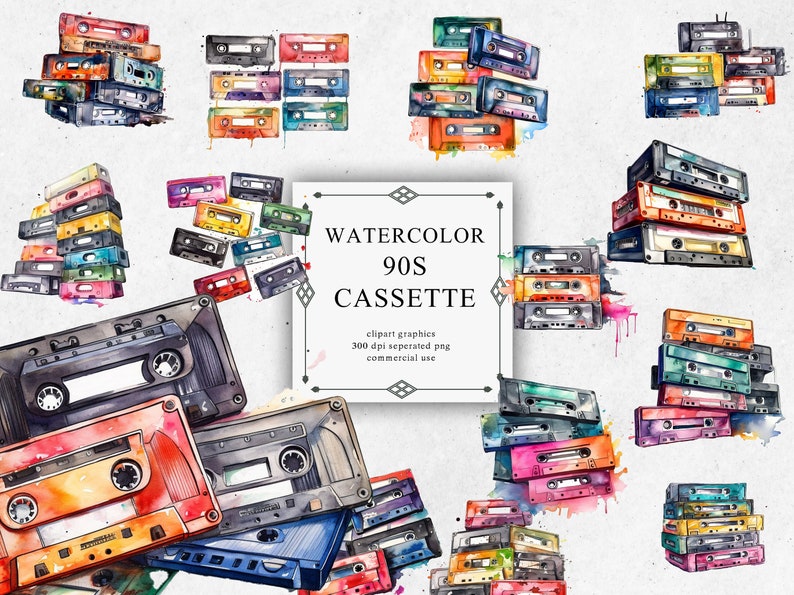 19 Watercolor Casette Clipart - Digital PNG Casette. Casette PNG ...