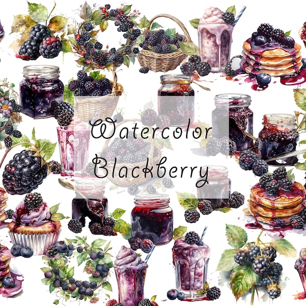 Aquarell Brombeer Clipart - Digitales PNG Brombeerglas, Brombeerpfannkuchen, Brombeercupcake, Brombeermilch, Brombeerkorb