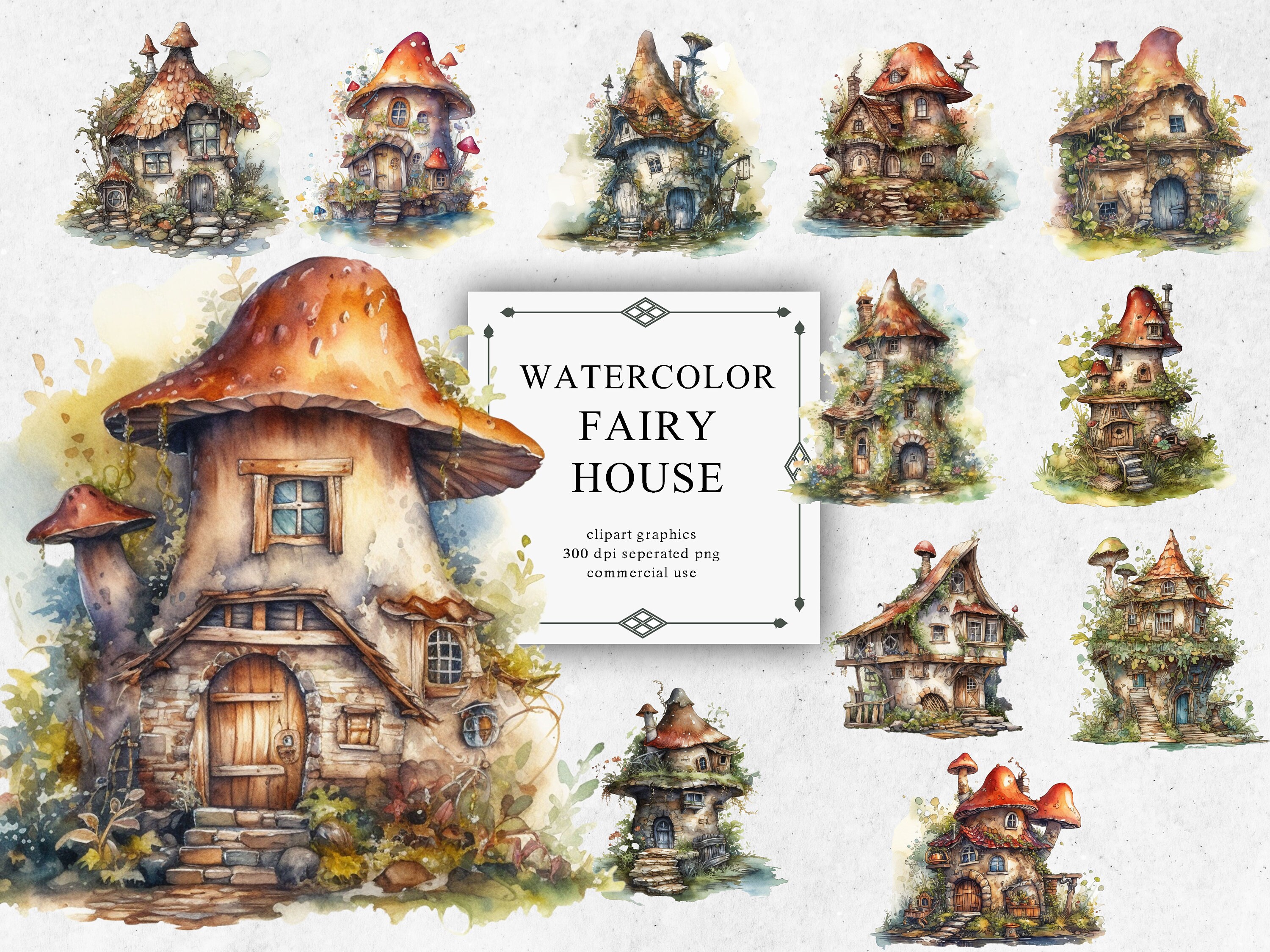 12 Fairy House Clipart Watercolor Bundle Png Graphics Images Pack ...