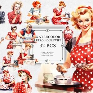 32 Housewife Vintage Clipart Set in Transparent PNG - Housewife Vintage Watercolor Digital Image Downloads for Card Making, Scrapbook