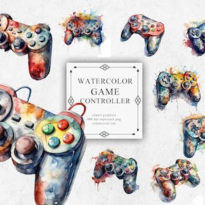 Pode incluir: Ilustrações de aquarela de nove controladores de jogo diferentes. Cada controlador é pintado em um estilo vibrante e colorido com respingos de tinta ao redor. O texto "WATERCOLOR GAME CONTROLLER" está em uma moldura preta.
