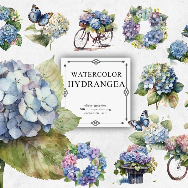 18 Hydrangea Clipart Set in Transparent PNG - Hydrangea Watercolor Digital Image Downloads for Card Making, Scrapbook, Junk Journal, Paper