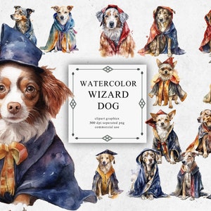 20 Wizard Dog Clipart Set in Transparent PNG - Wizard Dog Watercolor Digital Image Downloads for Card Making, Scrapbook, Junk Journal