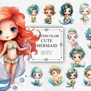Cute Mermaid Clipart Set in Transparent PNG - Cute Mermaid Watercolor Digital Image Downloads for Card Making, Scrapbook