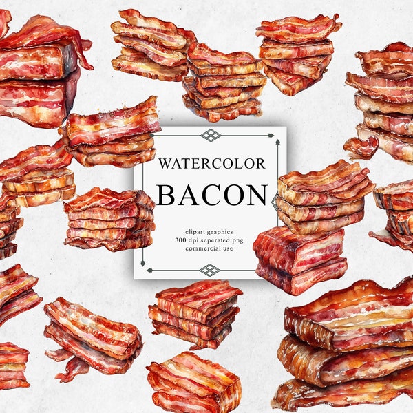 20 Bacon Clipart Set in Transparent PNG - Bacon Watercolor Digital Image Downloads for Card Making, Scrapbook, Junk Journal, Paper