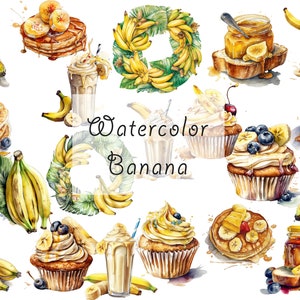 Acuarela Banana Clipart - Tarro de plátano PNG digital, panqueque de plátano, cupcake de plátano, leche compartida de plátano, cesta de plátano, corona redonda de plátano