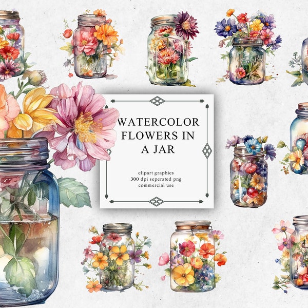 16 Watercolor Flowers in Jar Clipart - Digital PNG Flower in Jar. Flower in Jar PNG Transparent 2023 New Collection