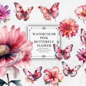 19 Pink Folower Butterfly Clipart Set in Transparent PNG - Watercolor Digital Image Downloads for Card Making, Scrapbook, Junk Journal
