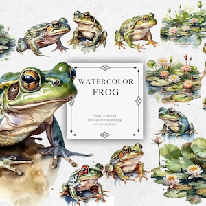 Ensemble de 18 cliparts grenouille en PNG transparent - téléchargements d'images numériques aquarelles pour la fabrication de cartes, scrapbooking, journal indésirable, travaux manuels en papier