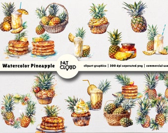 18 Watercolor Pineapple Clipart - Digital PNG Pineapple jar, Pineapple pancake, Pineapple cupcake, Pineapple milkshare, Pineapple basket