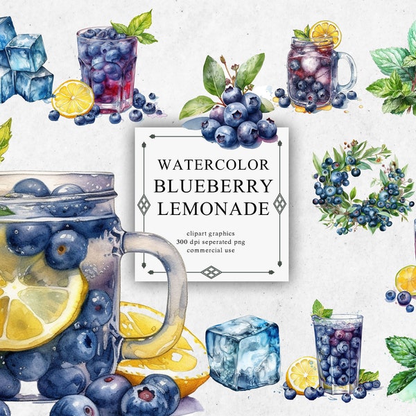 23 Watercolor Blueberry Lemonade Clipart - Digital PNG Blueberry Lemonade. Blueberry PNG Transparent 2023 New Collection