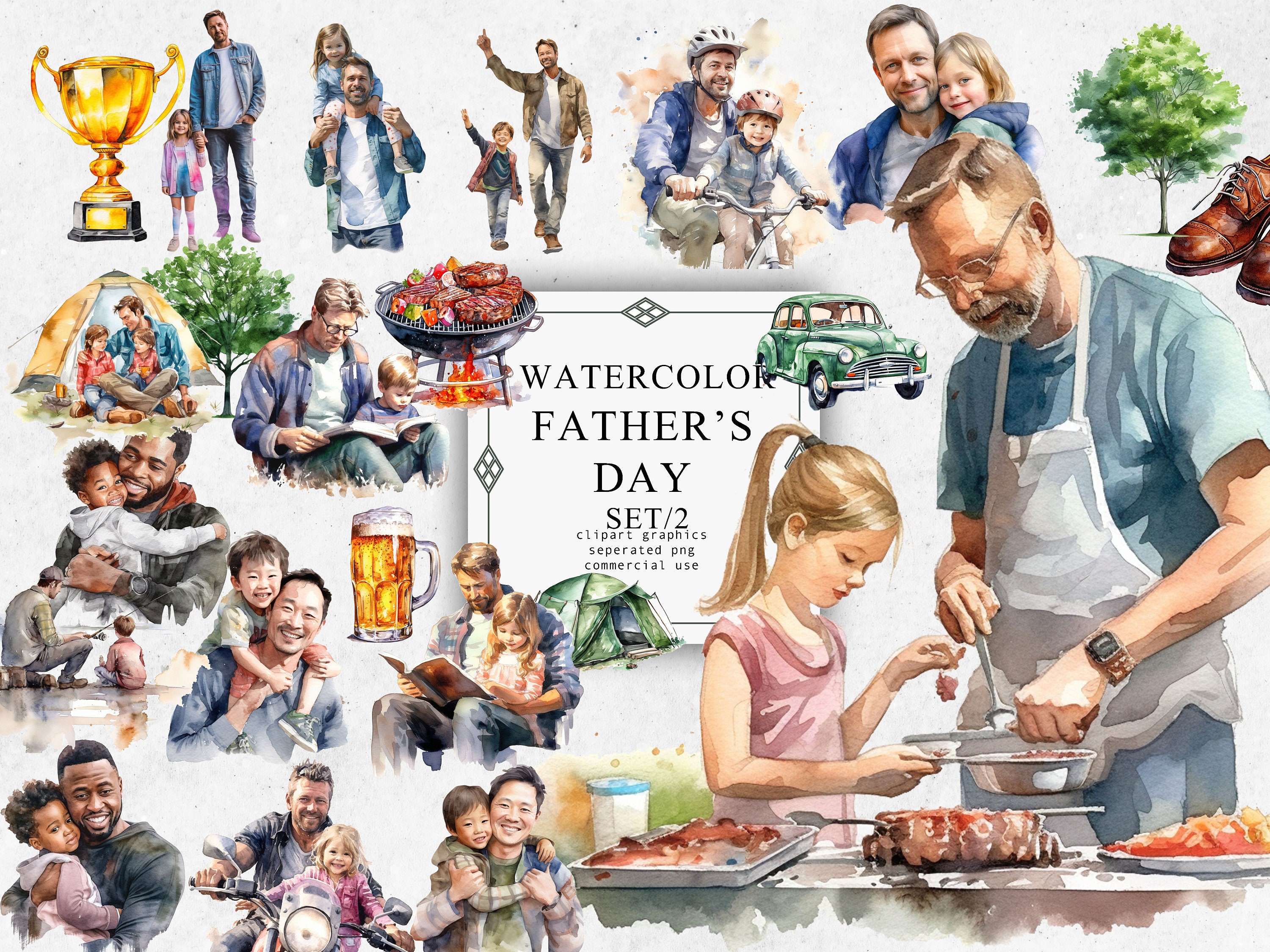 Father's Day Detailed Clipart Set 2 in Transparent PNG - Father's Day Watercolor Digital Image Downloads for Card Making, Scrapbook