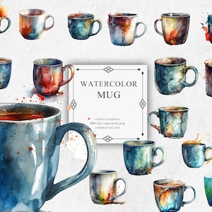 21 Mug Clipart Set in Transparent PNG - Mug Watercolor Digital Image Downloads for Card Making, Scrapbook, Junk Journal, Paper