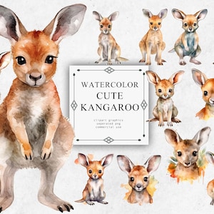 Clipart kangourou en PNG transparent - aquarelle kangourou téléchargements d'images numériques pour la fabrication de cartes, scrapbooking, Junk Journal