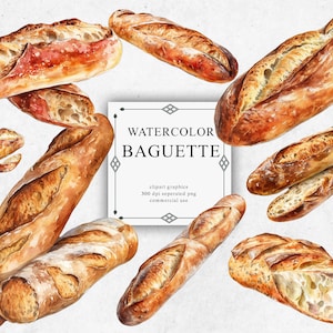20 Conjunto de clipart de baguete em PNG transparente - Download de imagens digitais em aquarela de baguete para confecção de cartões, álbum de recortes, diário de lixo, papel