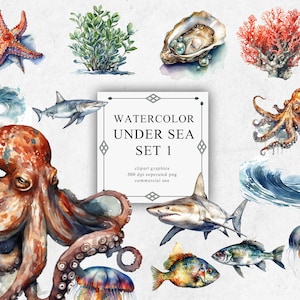 Watercolor Undersea Set 1 Fish Clipart - Digital PNG Ocean Set - Shell, Octobus, Jellyfish, Shark Wave, Pearl Coral
