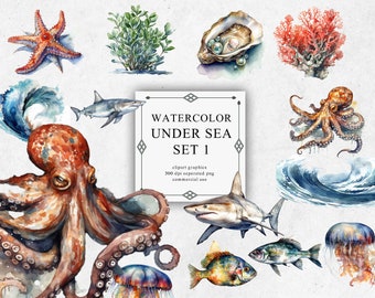 Watercolor Undersea Set 1 Fish Clipart - Digital PNG Ocean Set - Shell, Octobus, Jellyfish, Shark Wave, Pearl Coral