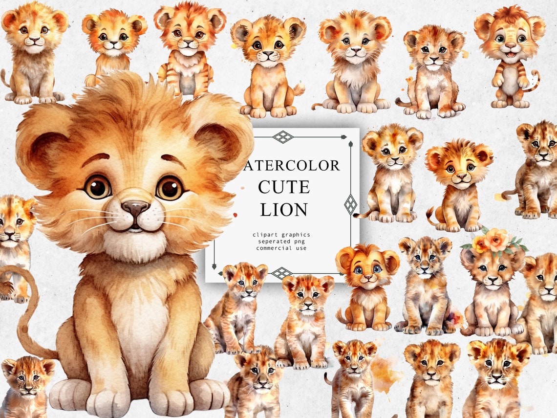 Cute Lion Clipart Set in Transparent PNG Cute Lion Watercolor Digital ...